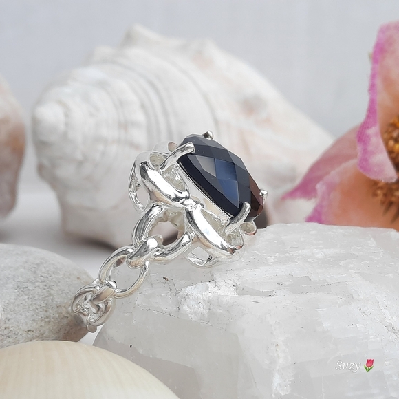 Cocktail Ring, Jet Black Facetted Stone, Silver Stamped 925 - Picture 2 of 6